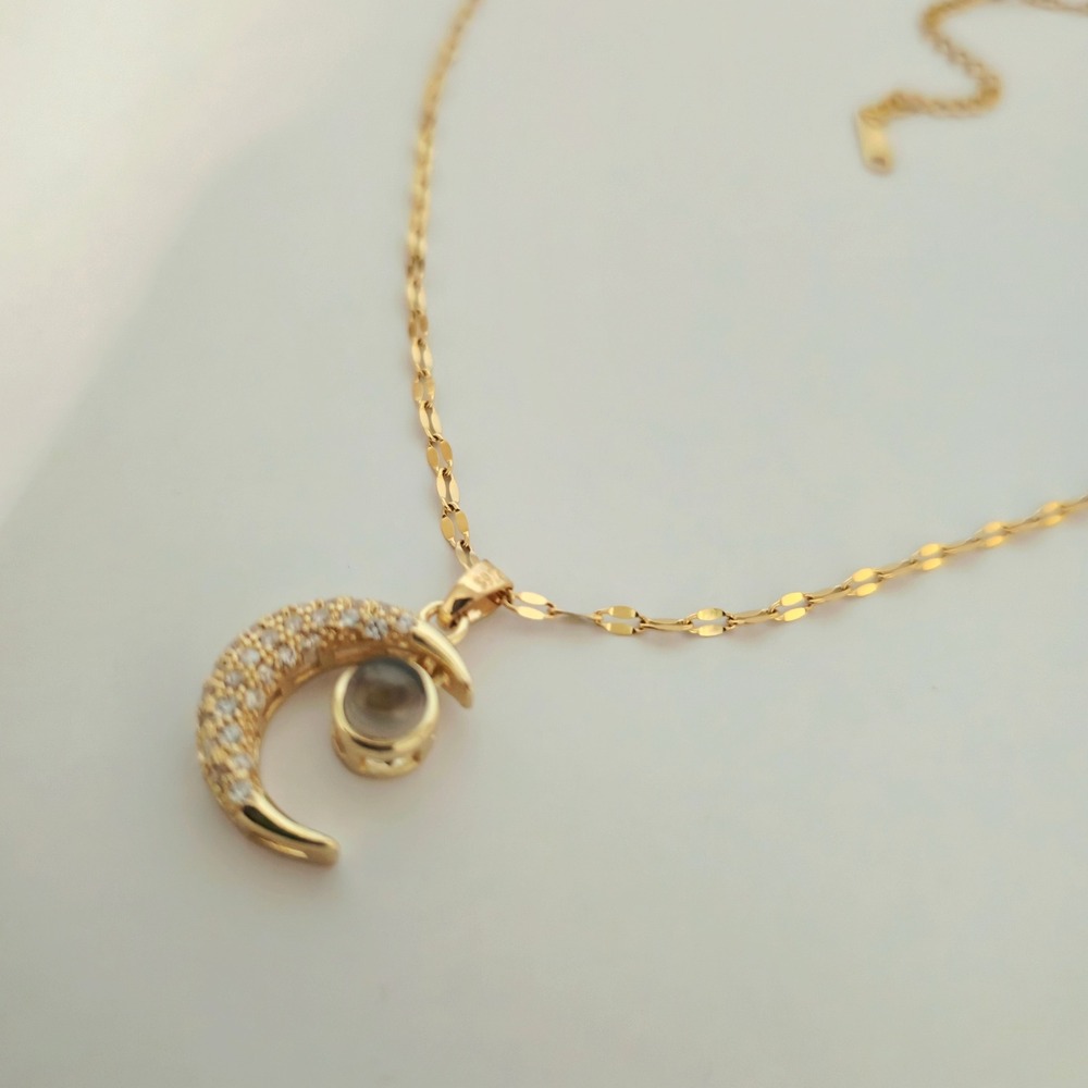 Gold Plated Stainless Steel Crescent Moon Projection Pendant Necklace 16-18 In